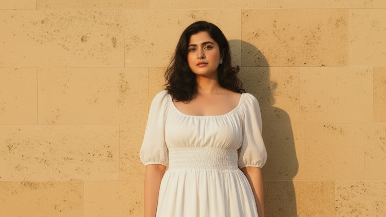Woman in a white dress standing against a beige wall