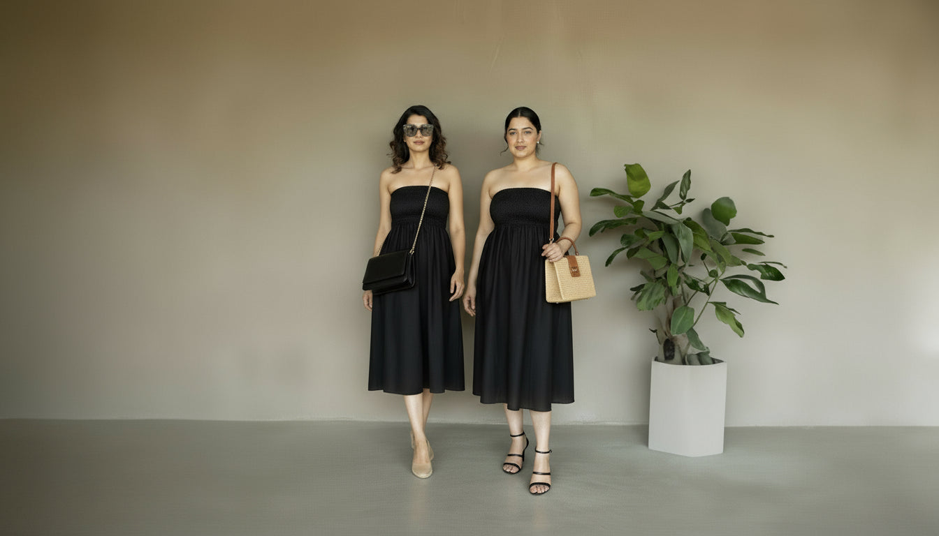 Two women in black dresses standing in a minimalistic room with a plant.