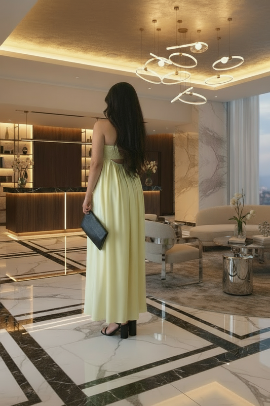 Woman in a yellow dress standing in a luxurious lobby with marble floors and modern decor.