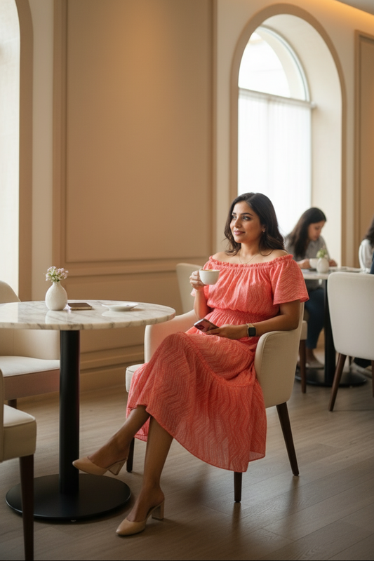 Woman in a pink dress sitting at a cafe table holding a cup.