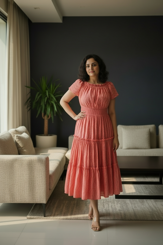 Woman in a coral dress standing in a modern living room.