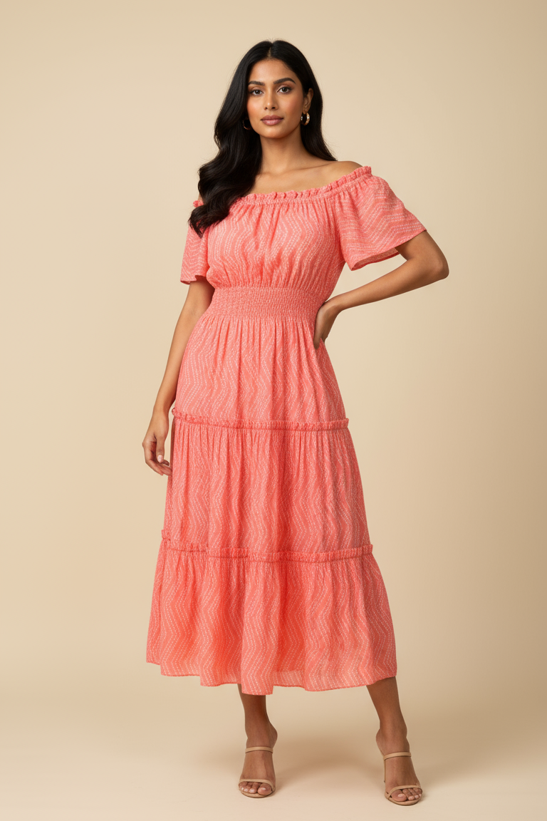 Woman wearing a coral pink dress against a beige background