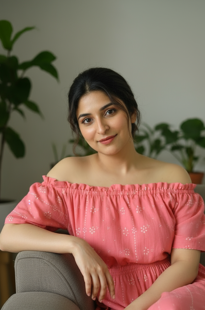 Woman in a pink off-shoulder dress sitting on a couch with plants in the background