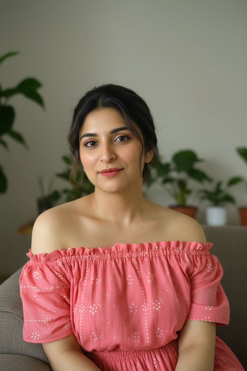 Woman in a pink off-shoulder dress sitting in a room with plants in the background