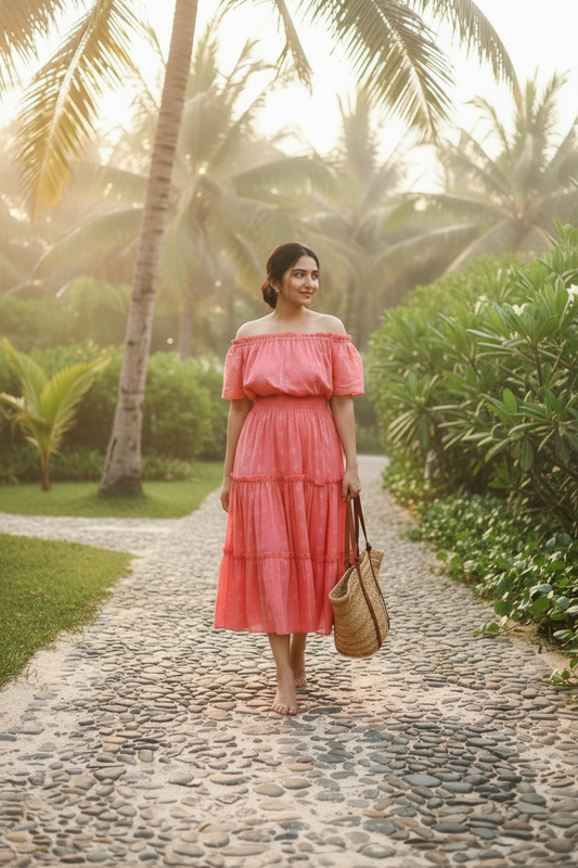 Woman in a pink dress standing on a stone path with palm trees in the background