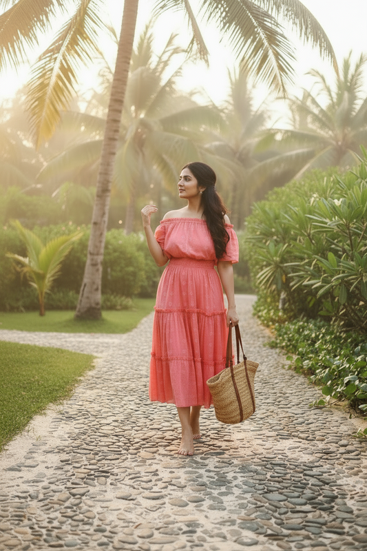 Woman in a pink dress walking on a path with palm trees in the background