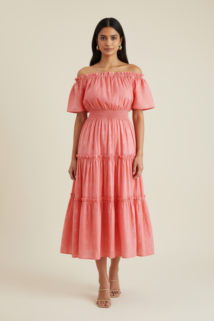 Woman wearing a pink off-shoulder dress against a beige background