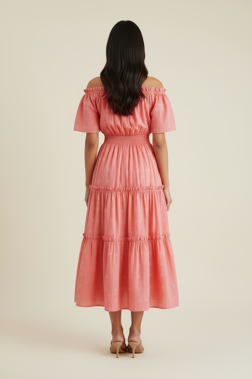 Woman wearing a pink off-shoulder dress against a beige background