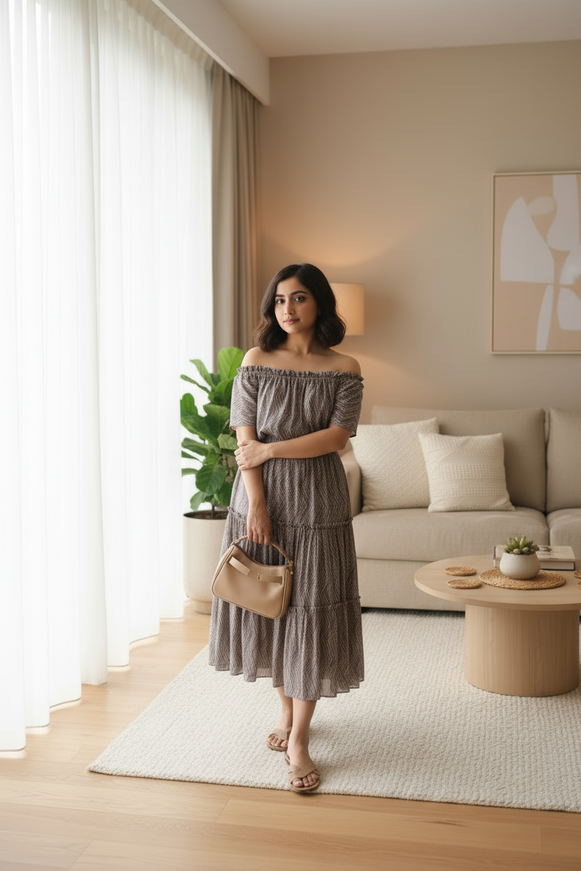 Woman in a gray off-shoulder dress standing in a modern living room.