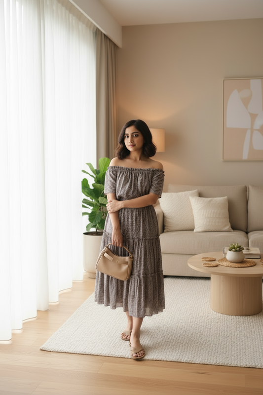 Woman in a gray off-shoulder dress standing in a modern living room.