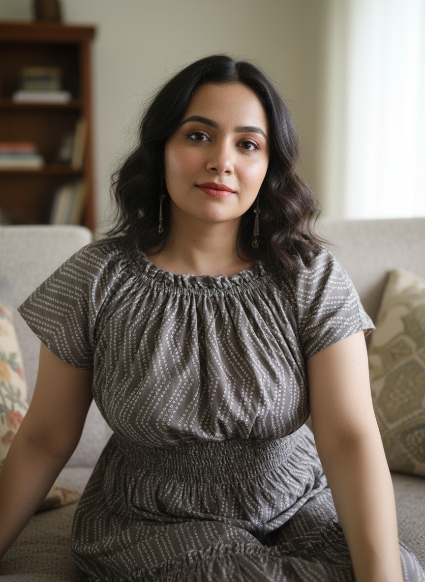 Woman sitting on a couch wearing a patterned outfit in a home setting