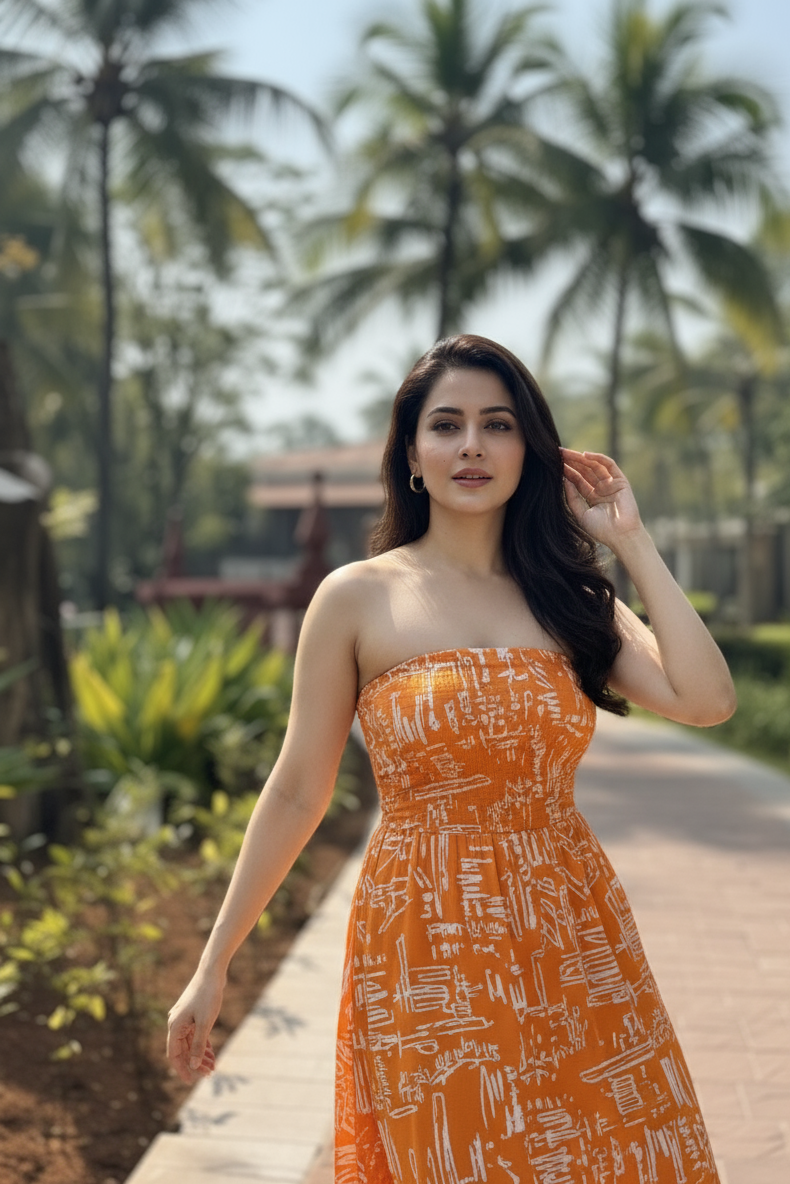 Woman in an orange dress standing on a path with palm trees in the background