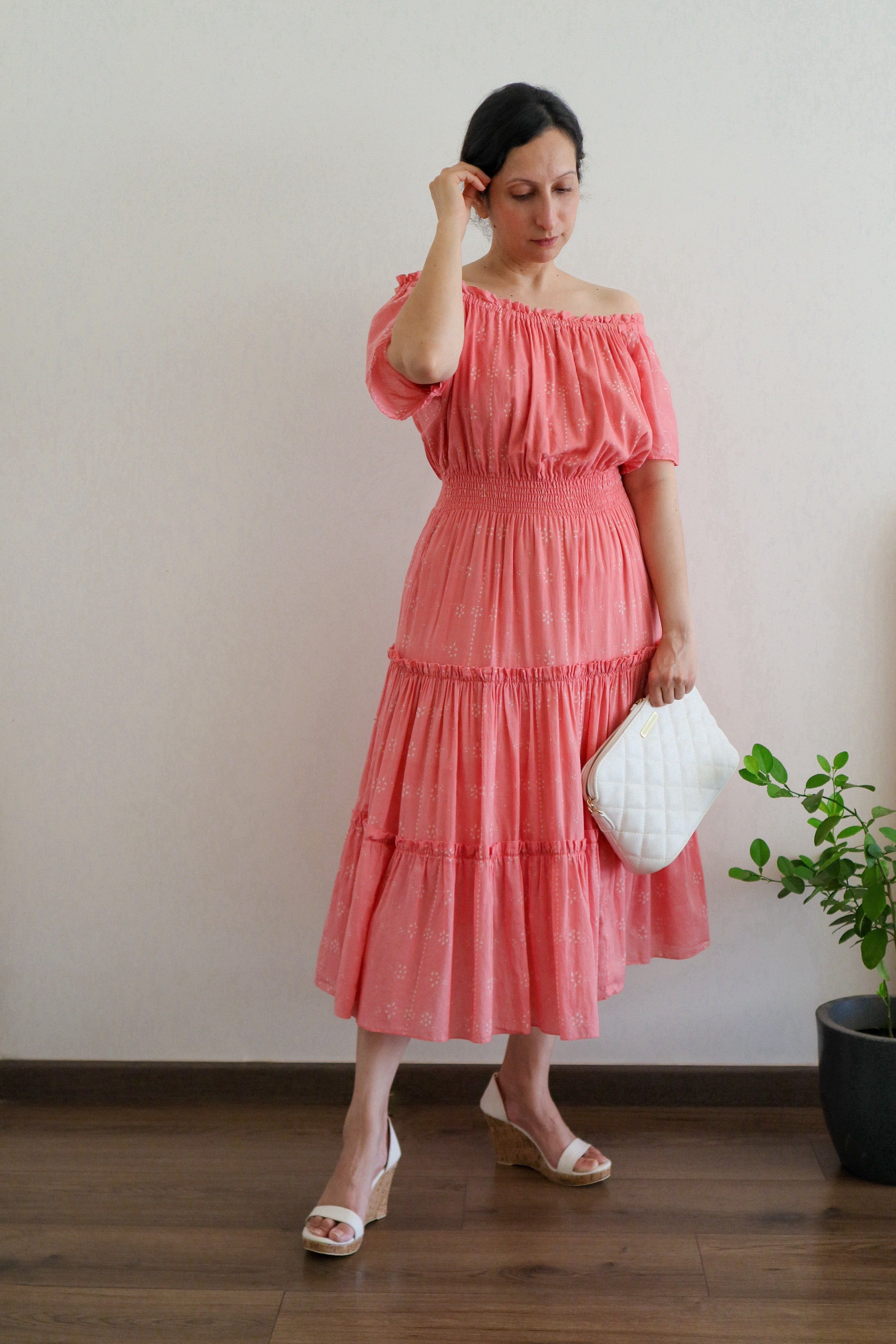 Flamingo Pink - Mulmul Cotton Tiered Midi Dress