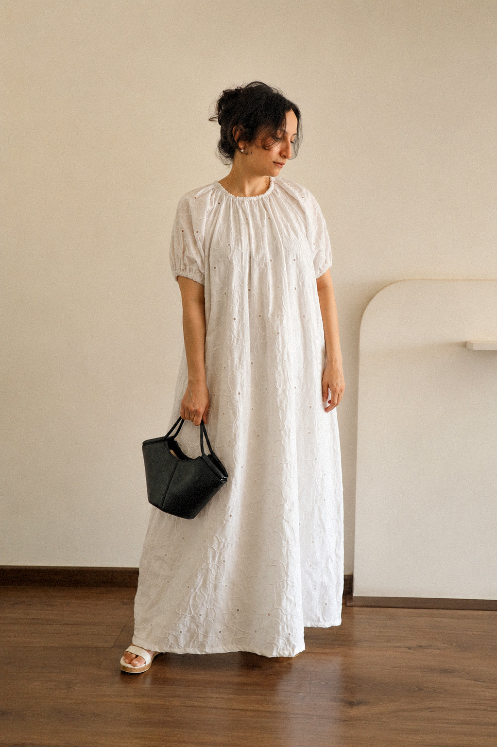 Cloudline White Eyelet Midi Dress-Cotton Puff Sleeve