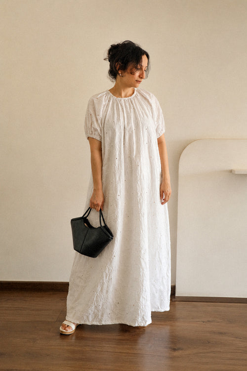 Cloudline White Eyelet Midi Dress-Cotton Puff Sleeve