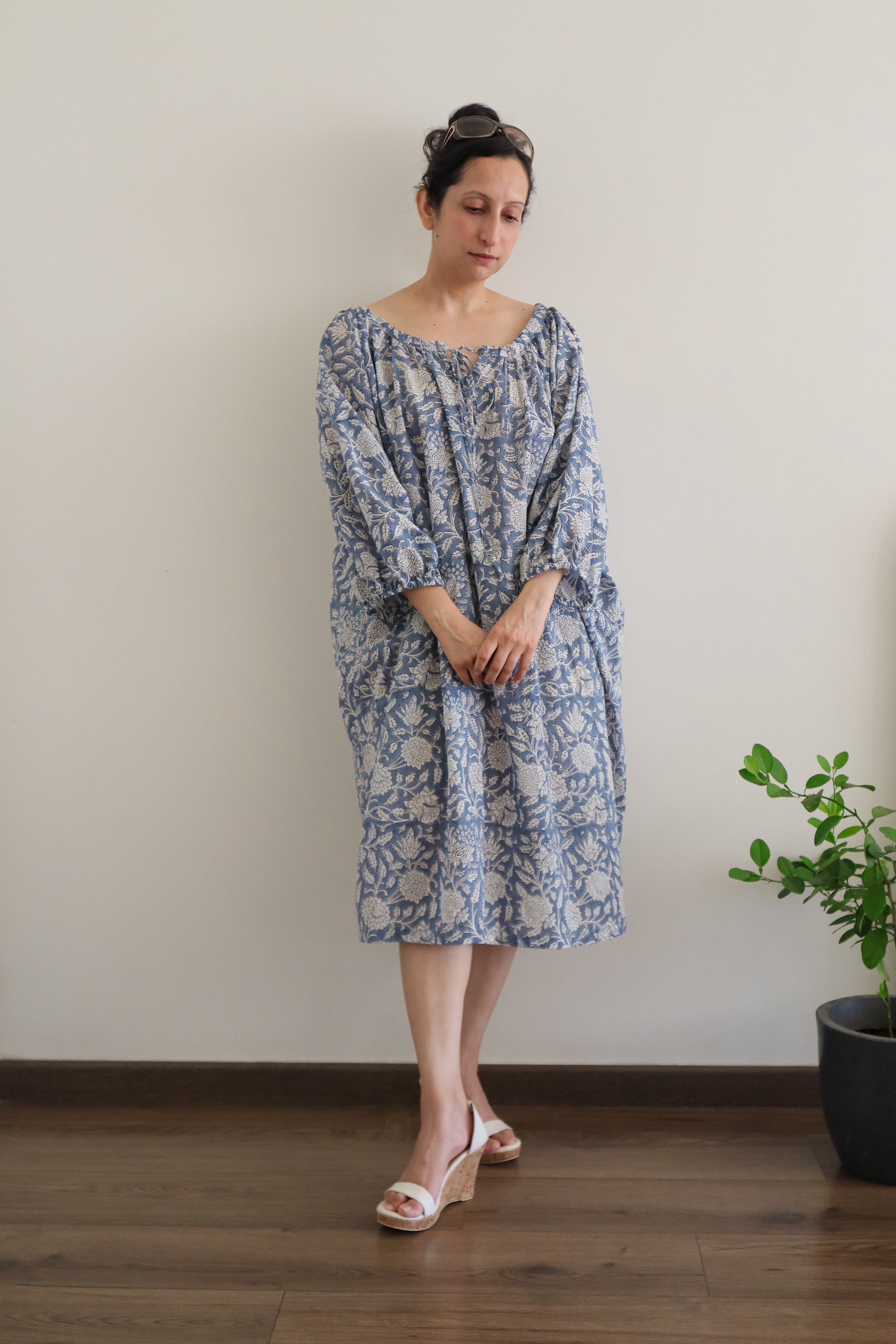 Still Blue Cotton Midi Dress Puff Sleeve - Pastel Blue