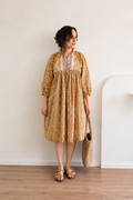 Evening Blush Midi Dress - Mustard Handblock Sanganeri Cotton