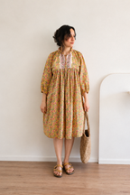 Evening Blush Midi Dress - Mustard Handblock Sanganeri Cotton