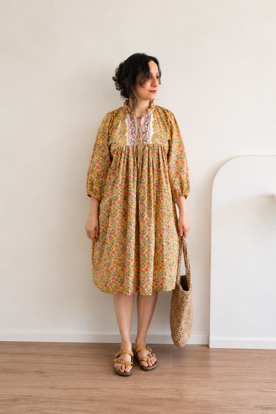 Evening Blush Midi Dress - Mustard Handblock Sanganeri Cotton