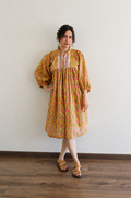 Evening Blush Midi Dress - Mustard Handblock Sanganeri Cotton