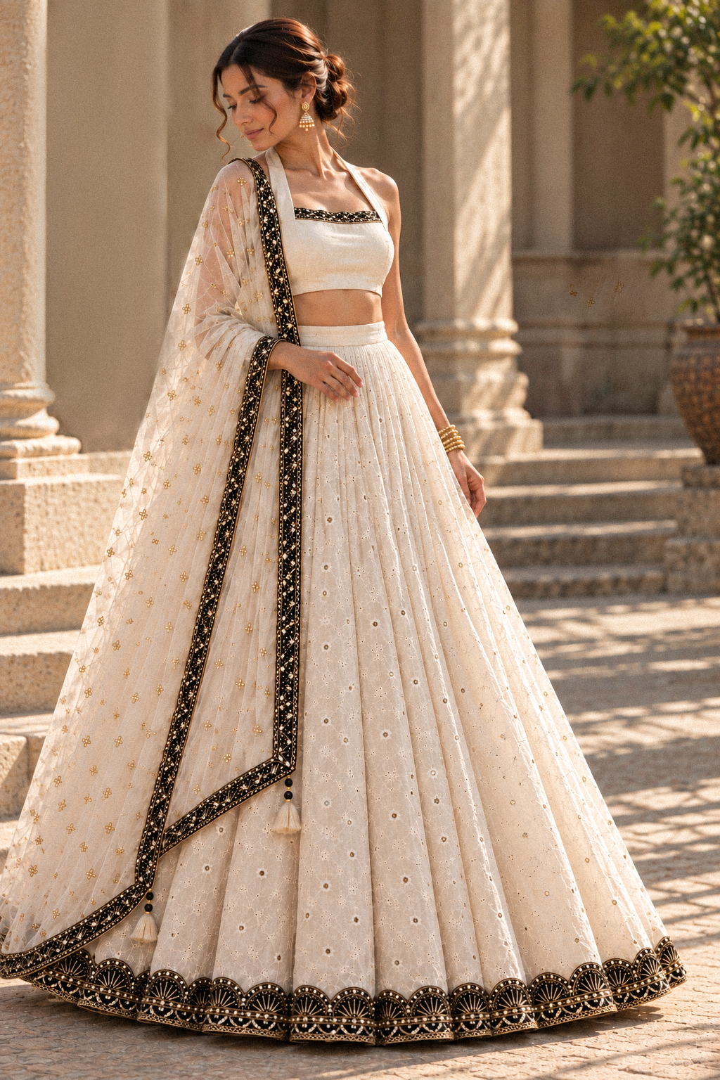 White Eyelet Cotton Lehenga Set with Halter Blouse & Dupatta