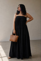 Balmy Nights Strapless Maxi Dress in Black Cotton