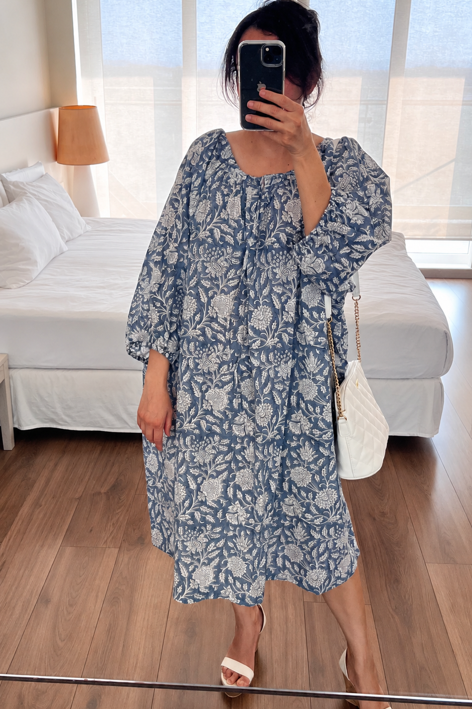 Still Blue Cotton Midi Dress Puff Sleeve - Pastel Blue