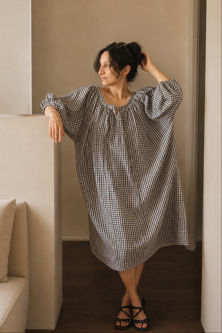 Blue Drift Midi Dress in Navy & White Check Cotton Puff Sleeve