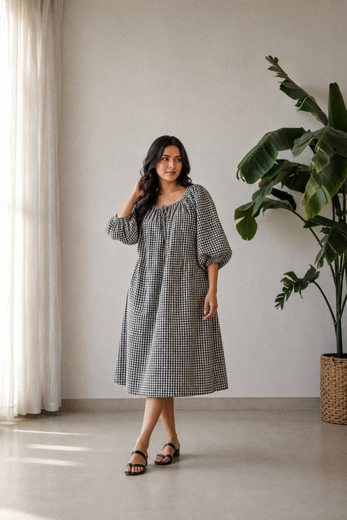 Blue Drift Midi Dress in Navy & White Check Cotton