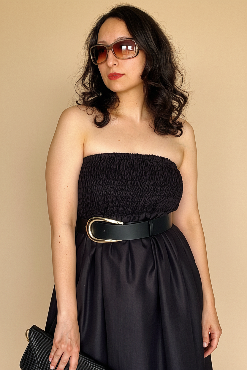 Woman wearing Blue Hour Black Linen Strapless Midi Dress with a belt against a beige background