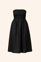Blue Hour Black Linen Strapless Midi Dress on Ghost Mannequin 