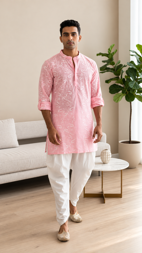 Blush Brigade Men's Pink Mulmul Cotton Chikankari Kurta Set