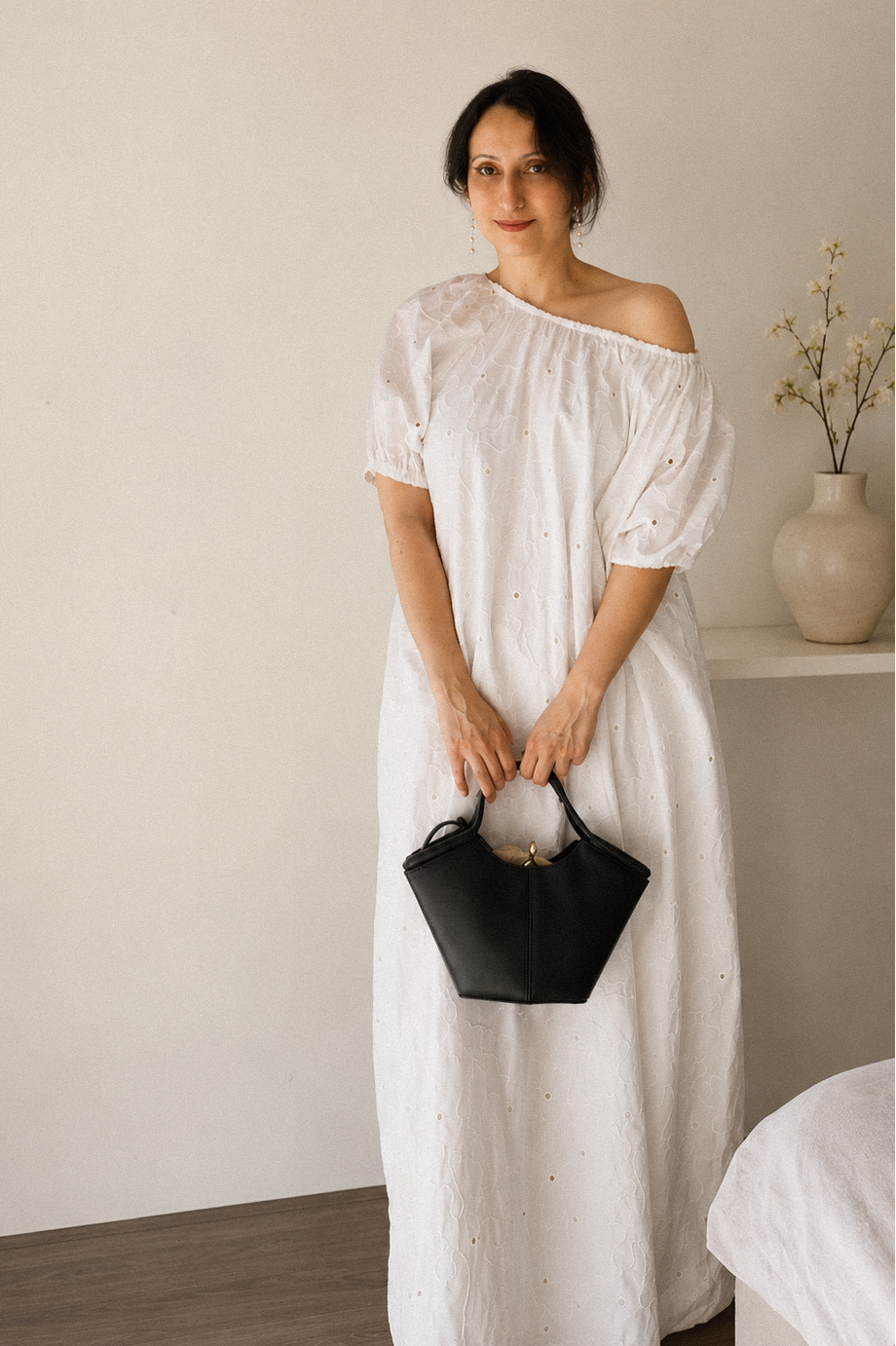 Cloudline White Eyelet Midi Dress-Cotton Puff Sleeve