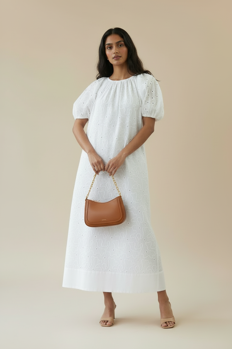 Cloudline White Eyelet Midi Dress - Cotton Puff Sleeve