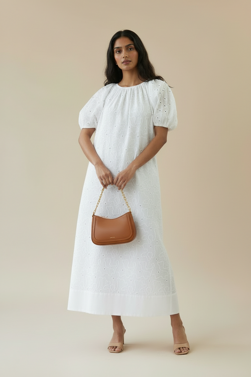 Cloudline White Eyelet Midi Dress - Cotton Puff Sleeve