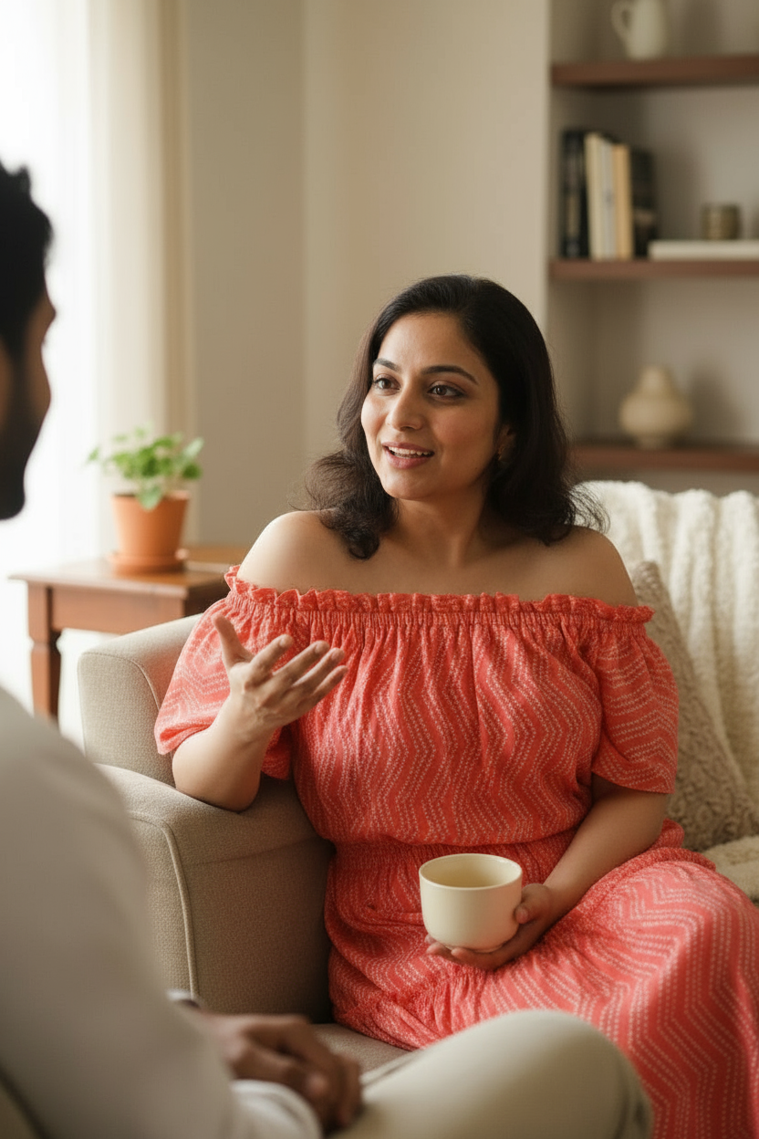 Woman in a coral dress holding a cup, sitting on a couch in a cozy living room.
