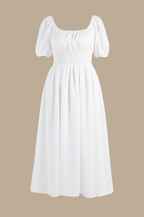 Close-up of smocked waist detail on Dawn midi dress in pure cotton