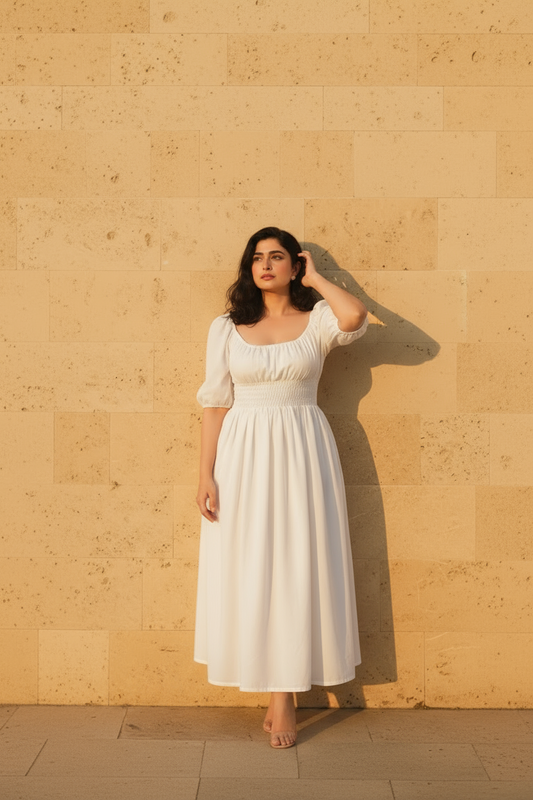 Woman in a white dress standing against a beige wall