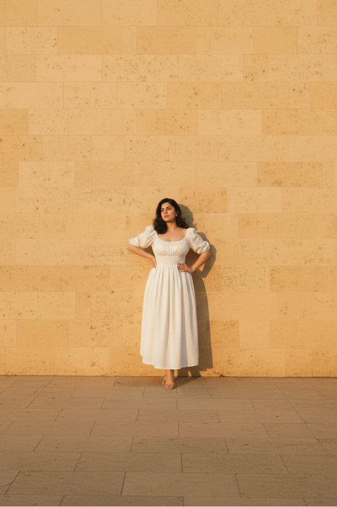 Woman in a white dress standing against a beige wall.