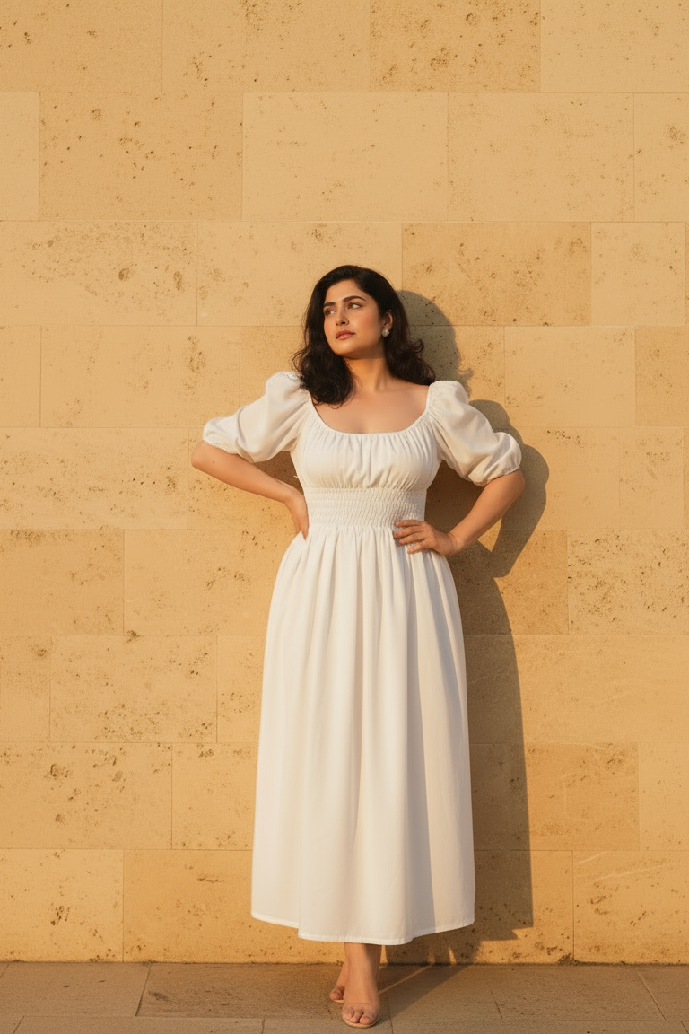 Woman in a white dress standing against a beige wall