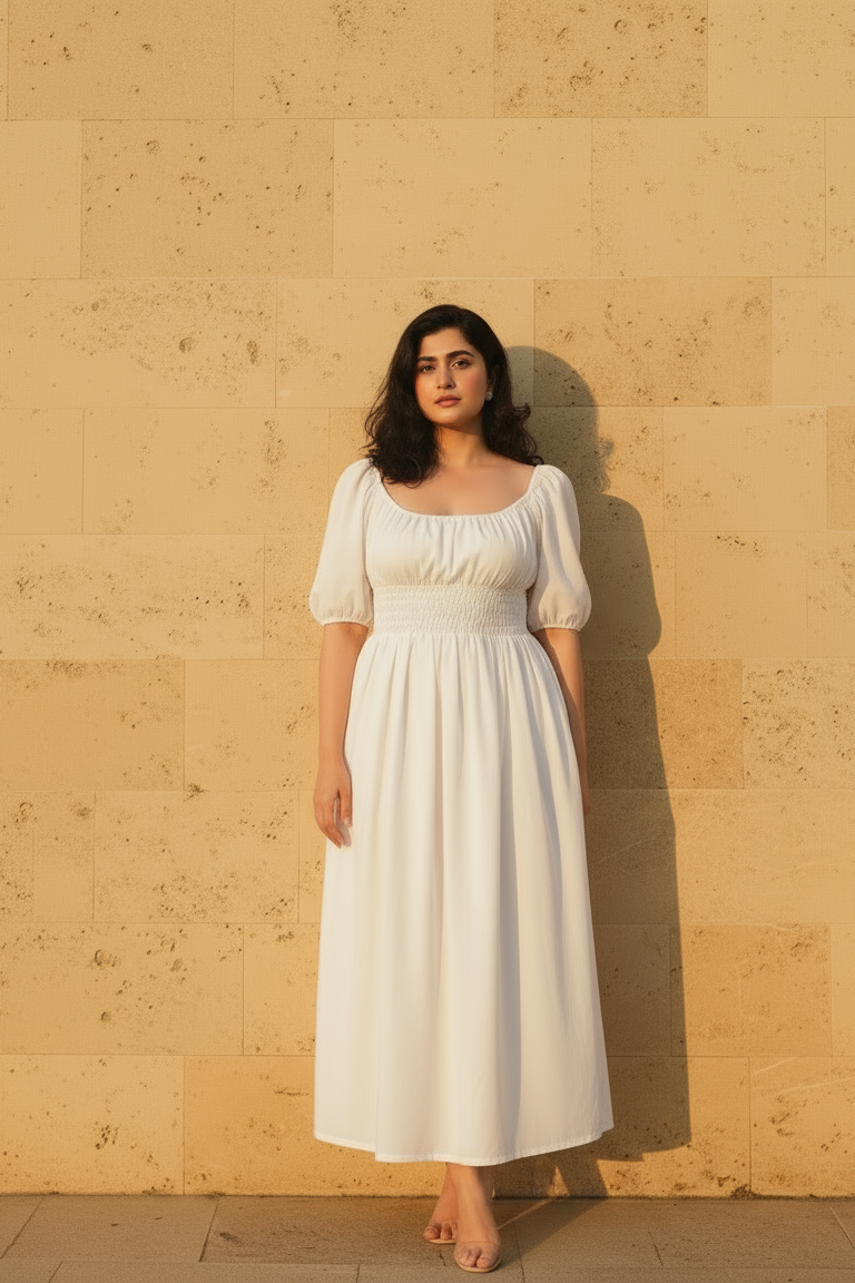 Woman in a white dress standing against a beige stone wall
