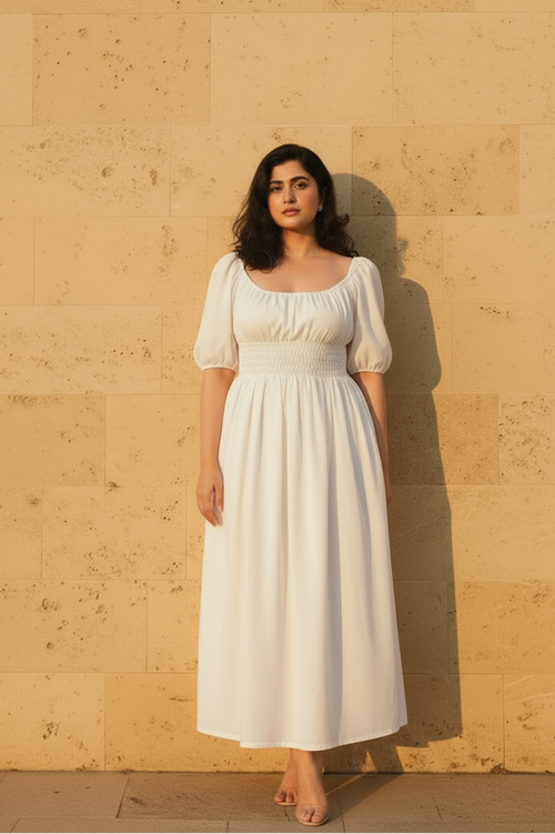 Dawn midi dress in white cotton with smocked waist and puff sleeves - front view