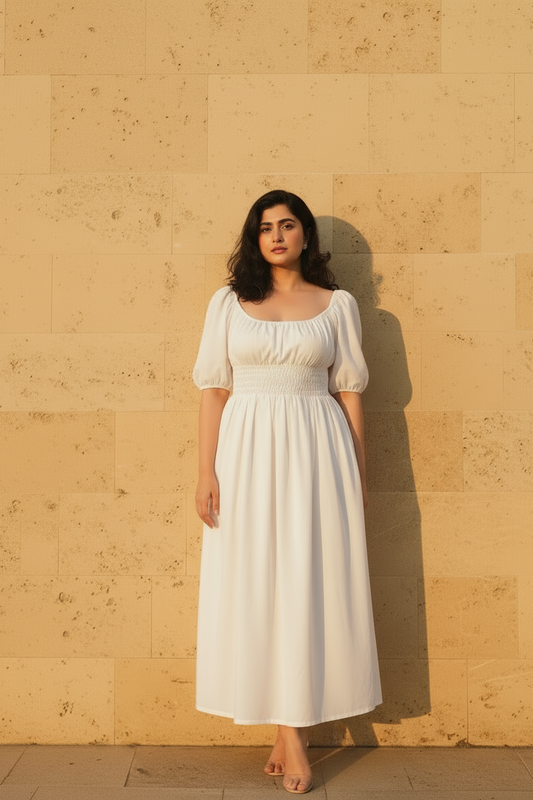 Woman in a white dress standing against a beige stone wall