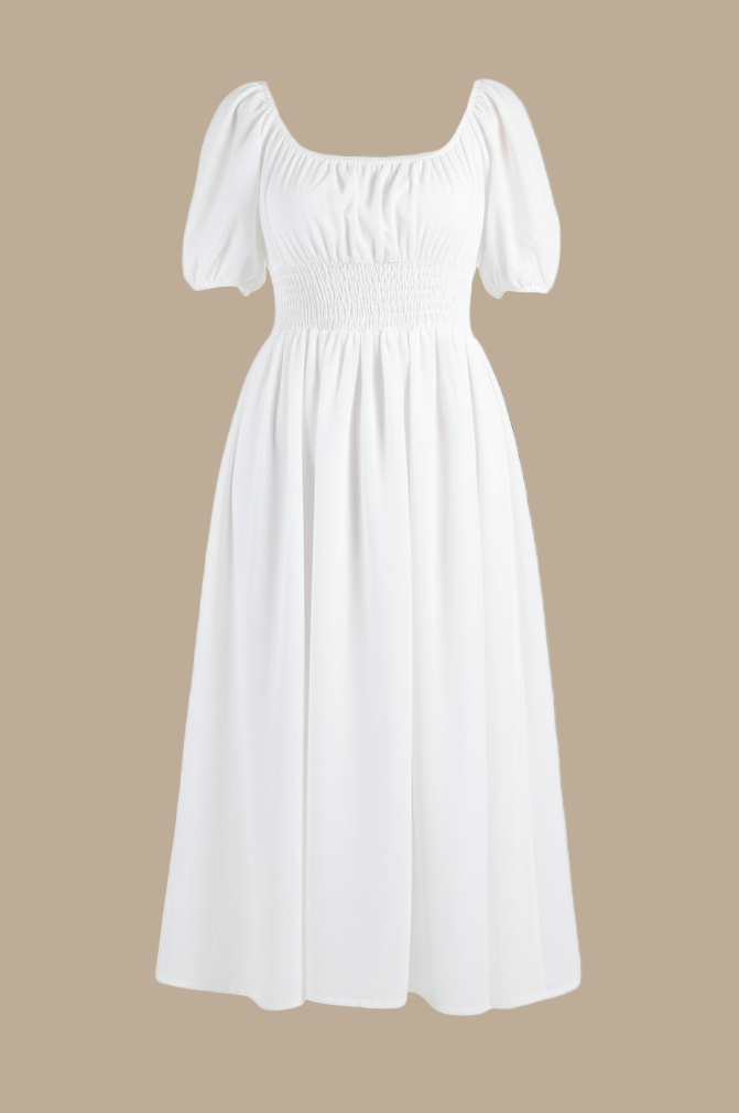 Close-up of Dawn White Cotton Smocked Waist Midi Dress, made with pure cotton