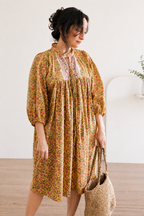 Evening Blush Midi Dress - Mustard Handblock Sanganeri Cotton