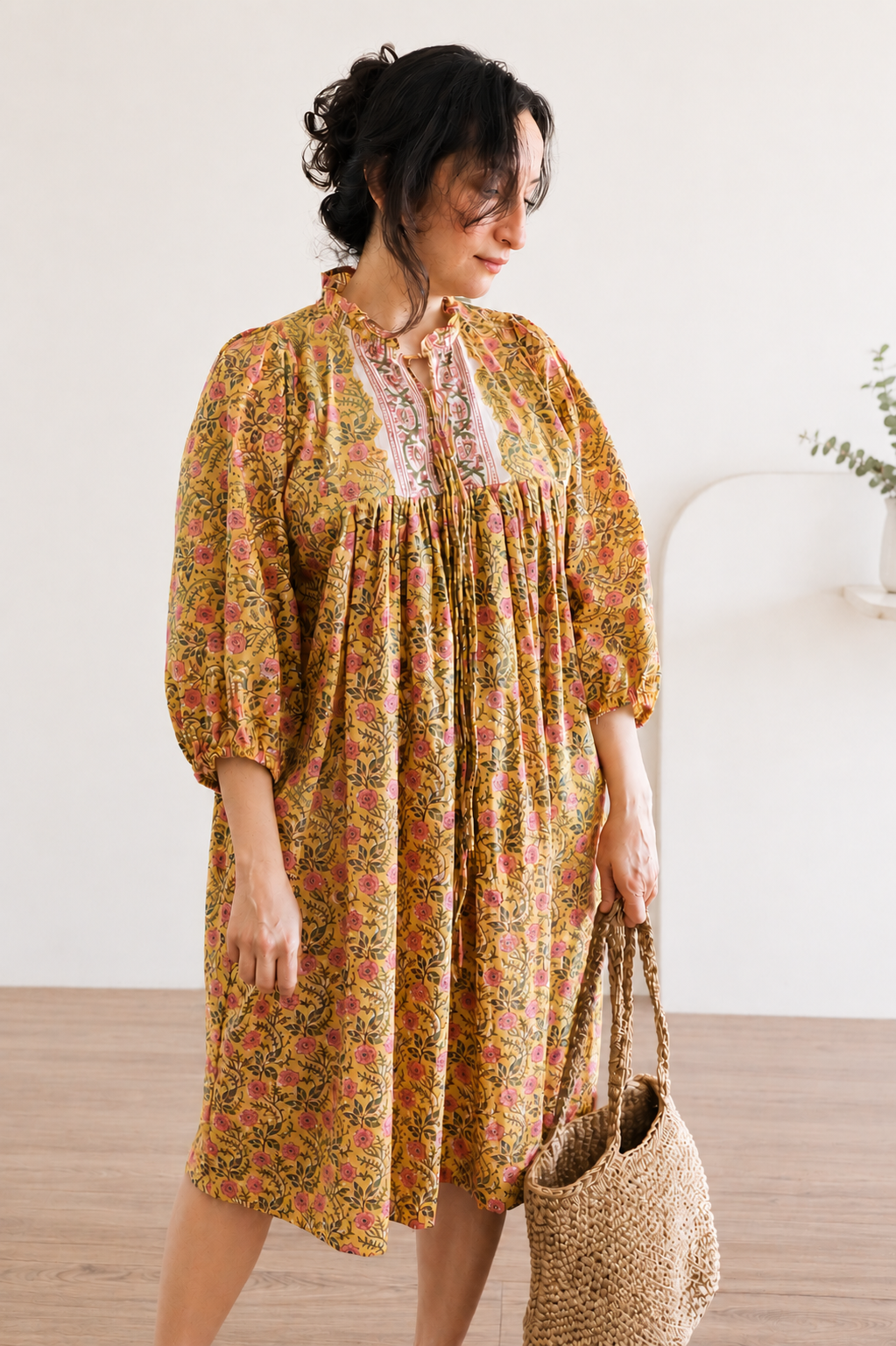 Evening Blush Midi Dress - Mustard Handblock Sanganeri Cotton