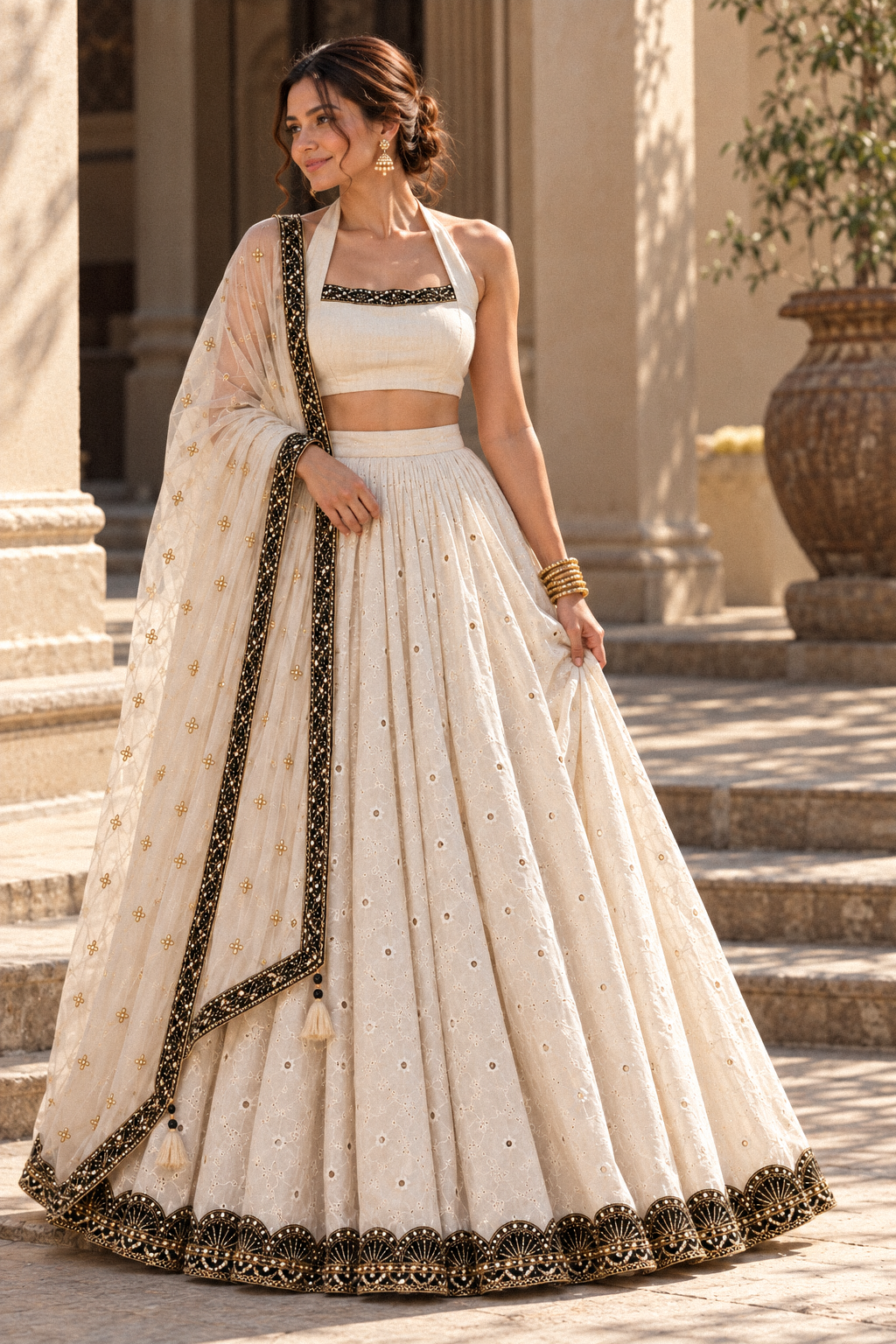 White Eyelet Cotton Lehenga Set with Halter Blouse & Dupatta