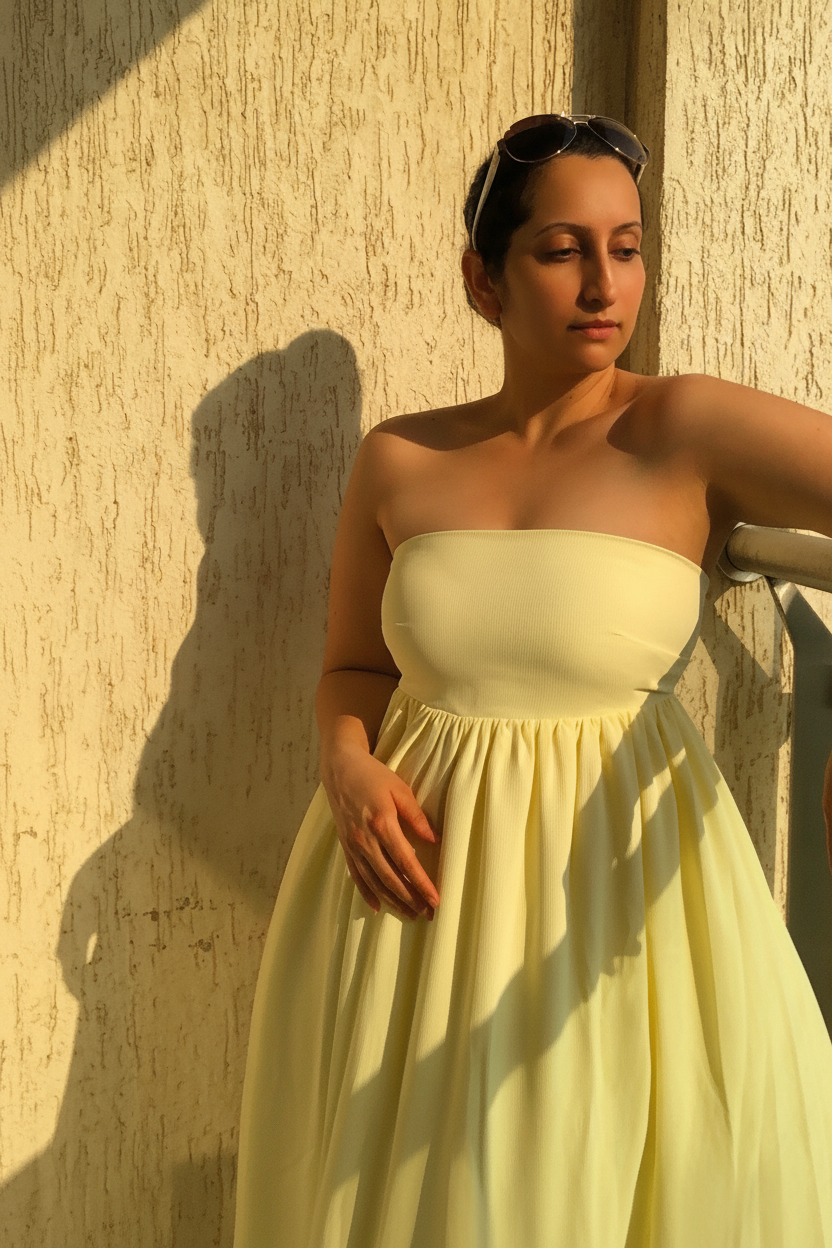 Golden Hour Buttercream Strapless Vacation Dress