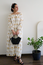 Daydream Floral Cotton Maxi Dress With Tie Sleeve - Cream