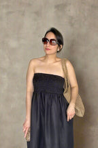 Blue Hour - Black Linen Strapless Midi Dress